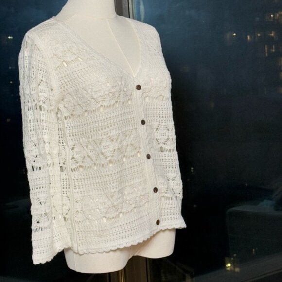 🆕 FARM Rio 🧿 NWOT White Crochet Button Up Cardigan Sweater, Sz S - Picture 5 of 15
